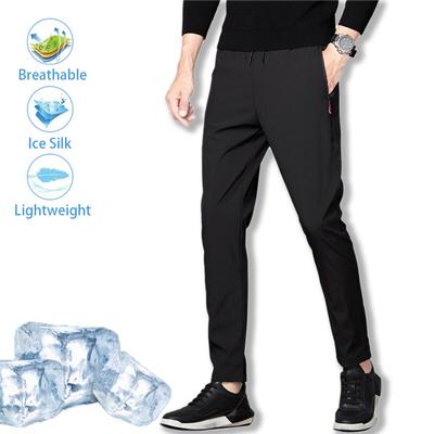 Men's Ice Silk Pants Summer Men's Casual Sports Pants Gray Zipper Pockets Slim Straight Breathable Lightweight Cool Feeling