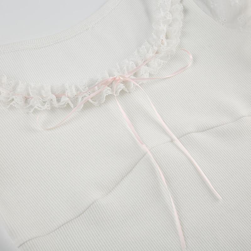 Dámský krajkový límec kolizní kravata mašle dívčí slim zeštíhlující pletený top peplum bublinkový krátký rukáv tričko