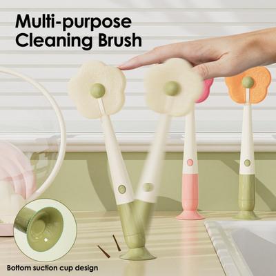 Cleaning Brush Soft Flower-shaped Sponge Head Long Handle Cup Brush Suction Base Bottles Water Cups Cleaning Scrubber