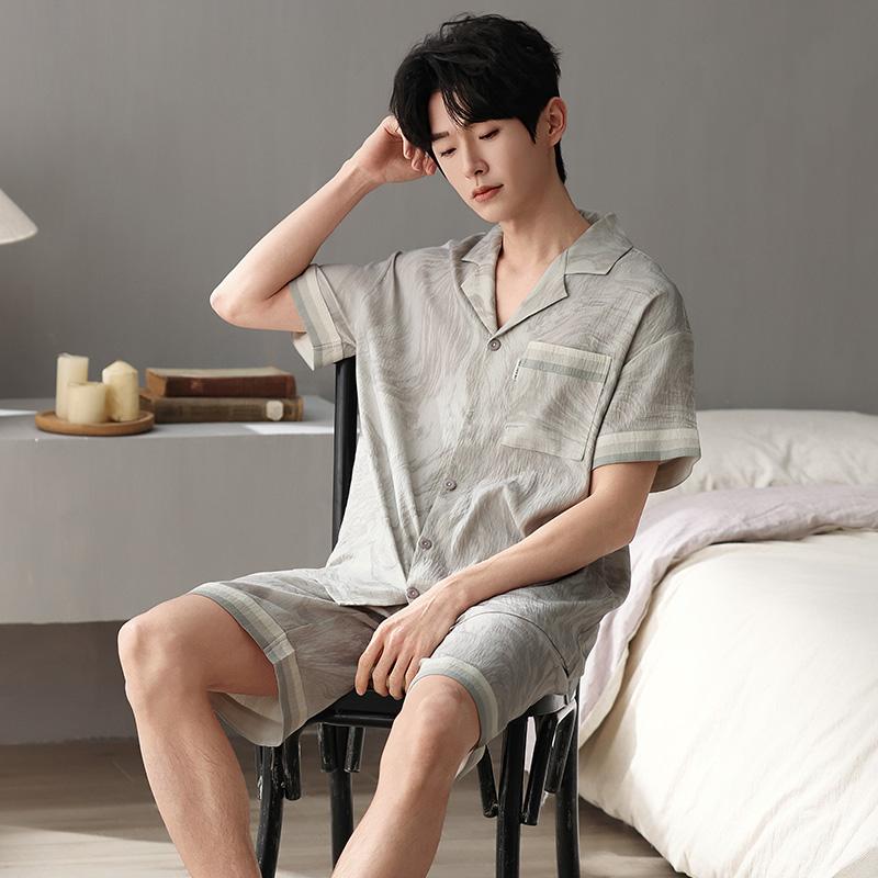 Sommer Dünner Baumwollpyjama Herren Bequemes Kurzarm Hausanzug Nachtwäsche Anzug Jugendliche Freizeit Outdoor Kann Draußen Getragen Werden