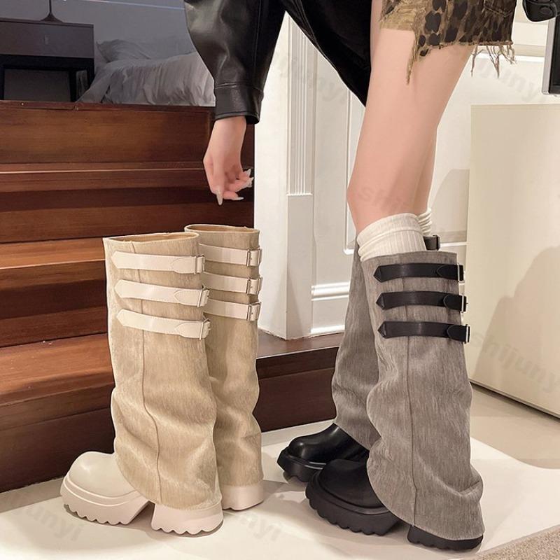 Women Knee High Chelsea Boots 2026 Autumn Mid Heels Platform Shoes Women High Tube Thick Bottom Retro Fashion Buckle Botas Mujer