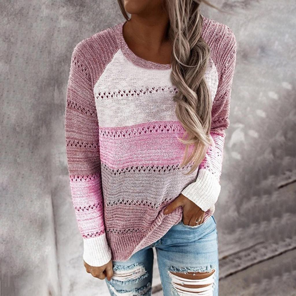 Mode Frauen Casual Patchwork Lange Ärmel Pullover Bluse Tops