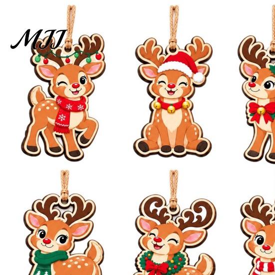 Holiday Hanging Decorations 6Pcs Wooden Reindeer Christmas Ornament, Cute Deer Decor Charms with Jute String, Tree Pendant for Home Shop Natural Wood