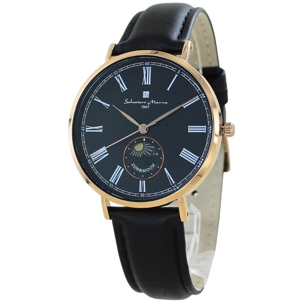 Salvatore Marra Men s Slim Quartz Watch Black Gold Leather Strap Sun and Moon Design