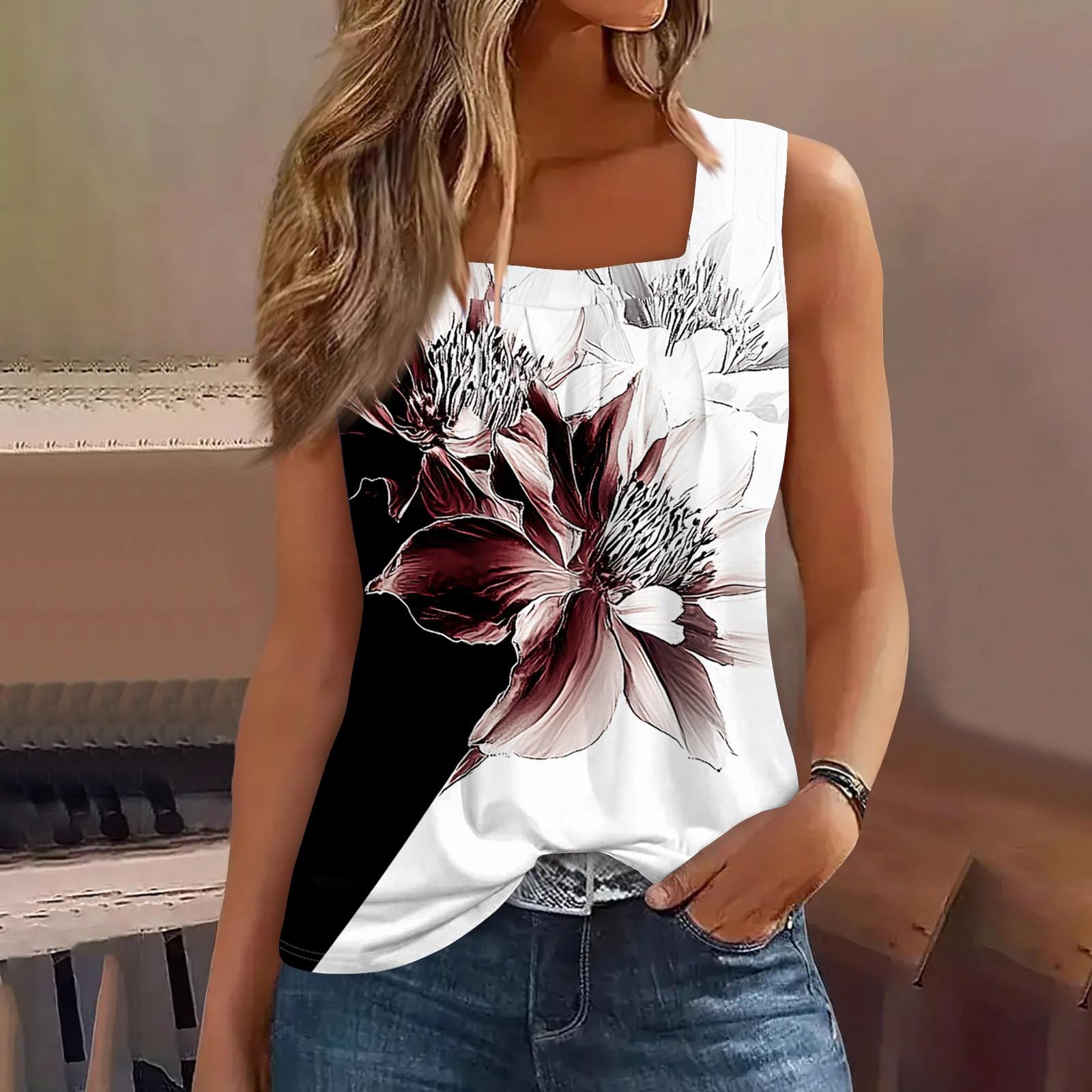 

Женская плиссированная майка без рукавов с квадратным вырезом и растительным принтом XL небесно-голубой