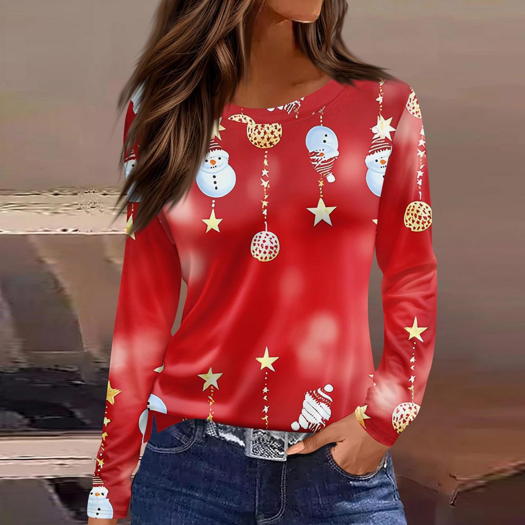 Women's Fashion Casual Slit Hem Round Neck Long Sleeve Loose Christmas Printed T-Shirt Ladies Top