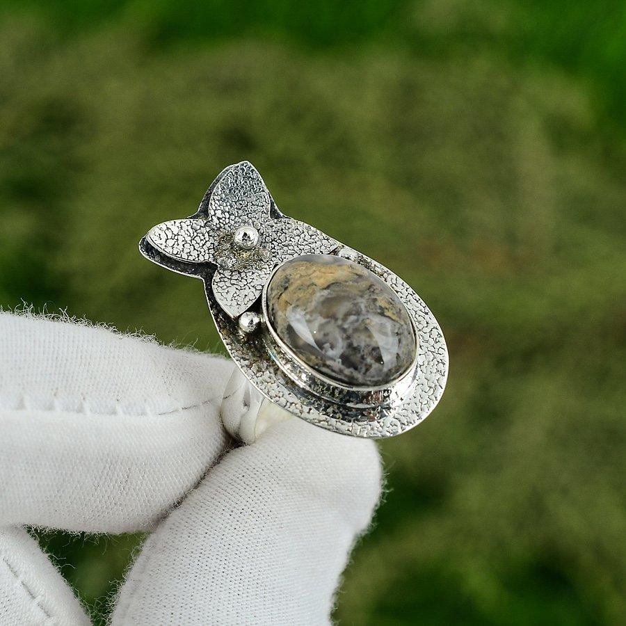 Oval Natural Plume Agate Bezel Solitaire Engagement Ring Jewelry Sterling Silver Adjustable