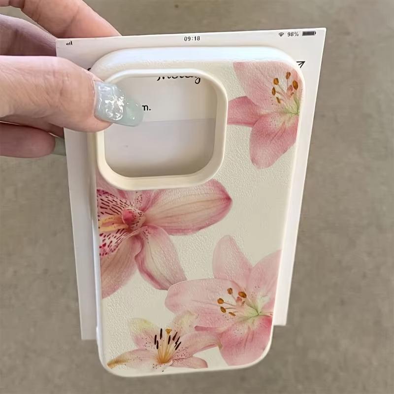 Pink Lily Flower Pattern Phone Case For iPhone 17 Pro Max 16 Plus 15 Pro 14 13 12 11 XR 17Air Lychee Textur Soft Cover