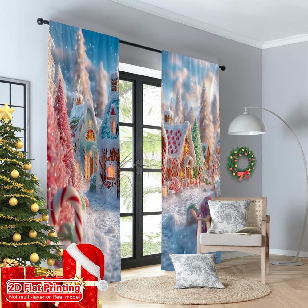 2pcs 2D flat printing Merry Christmas Popular Party Window Curtains Red Candy Village Fabric Without Electricity Festive