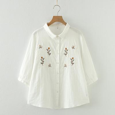 Verano Algodón Puro Pequeño Fresco Doble Capa Hilo de Algodón Suelto Artístico Bordado Blanco Camisa de Manga Corta para Mujer Blusas y Camisas