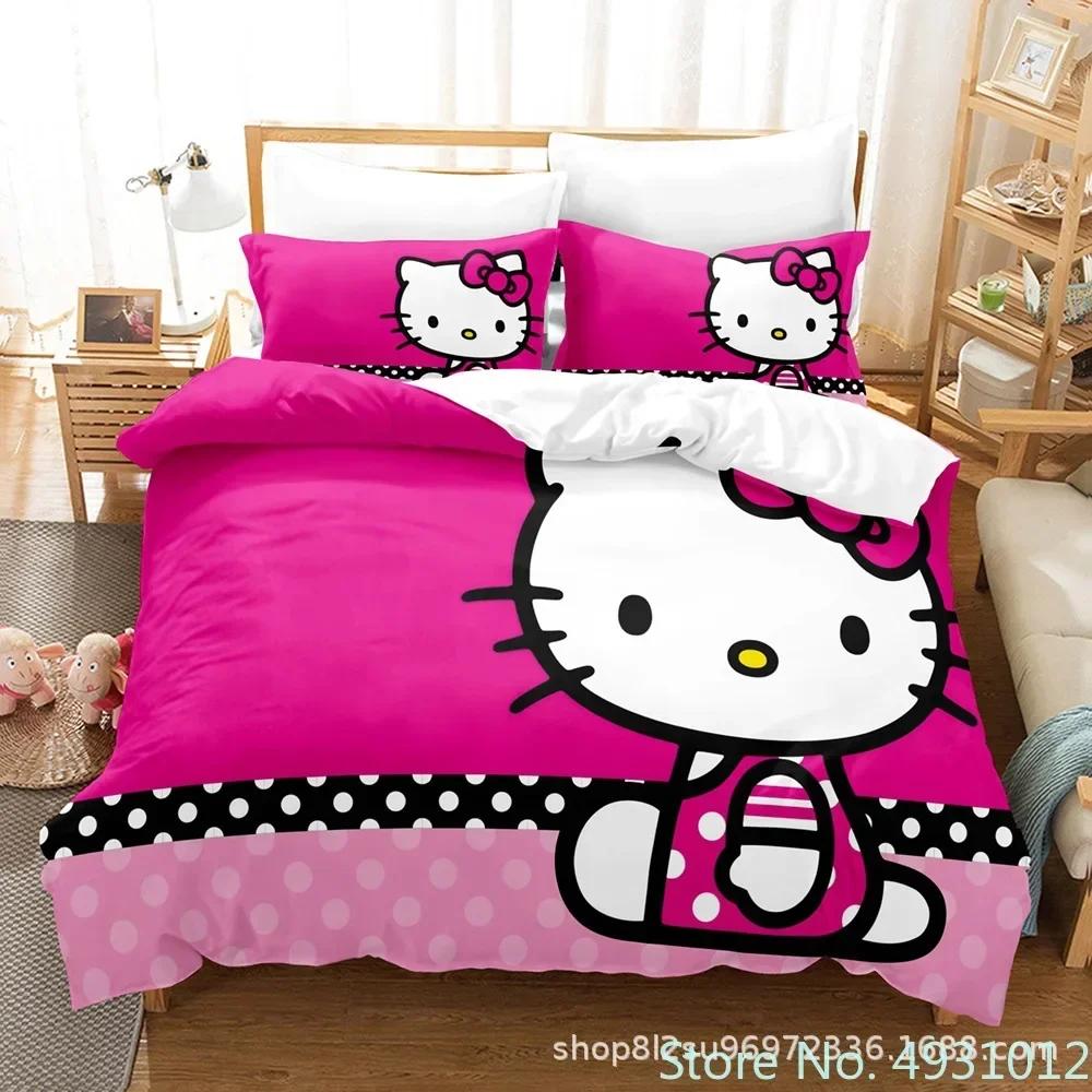 Cute Hello Kitty Colors Bedding Set Pillowcase Japanese Anime Bedclothes 3D Printed Quilt Cover Duvet Cover Baby Kids Child Gift