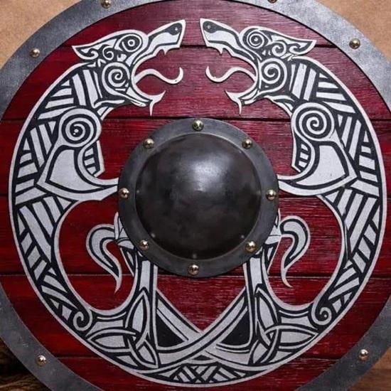 Viking Red Round Shield with Twin Wolves Handmade Norse Wooden Shield 60.96 Cm Nordic Wall Decor LARP Cosplay Gear Medieval Warrior Prop