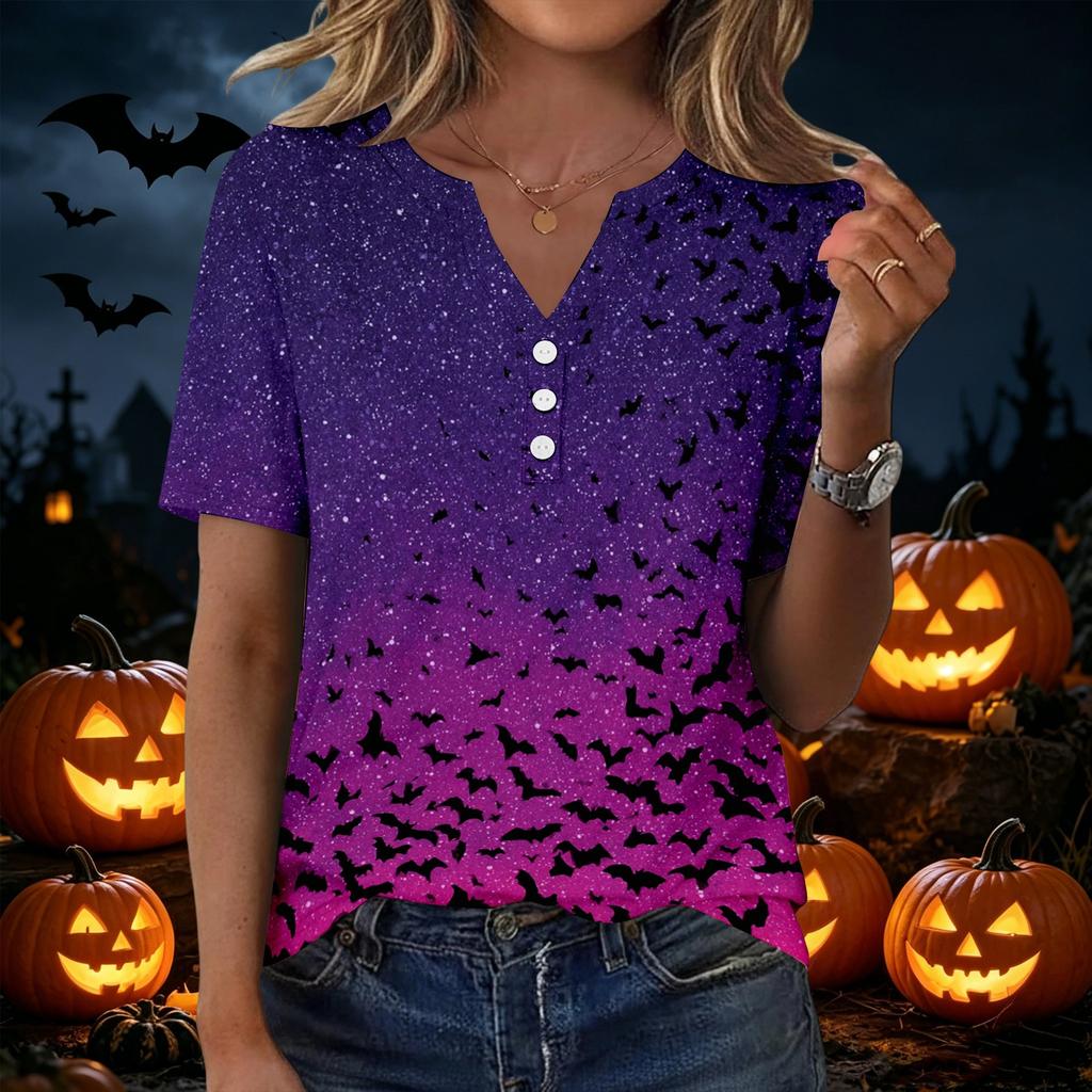 Womens Halloween Print V Neck Short Sleeve Button T Shirt Casual Fashion Top Lightweight Comfortable Fit