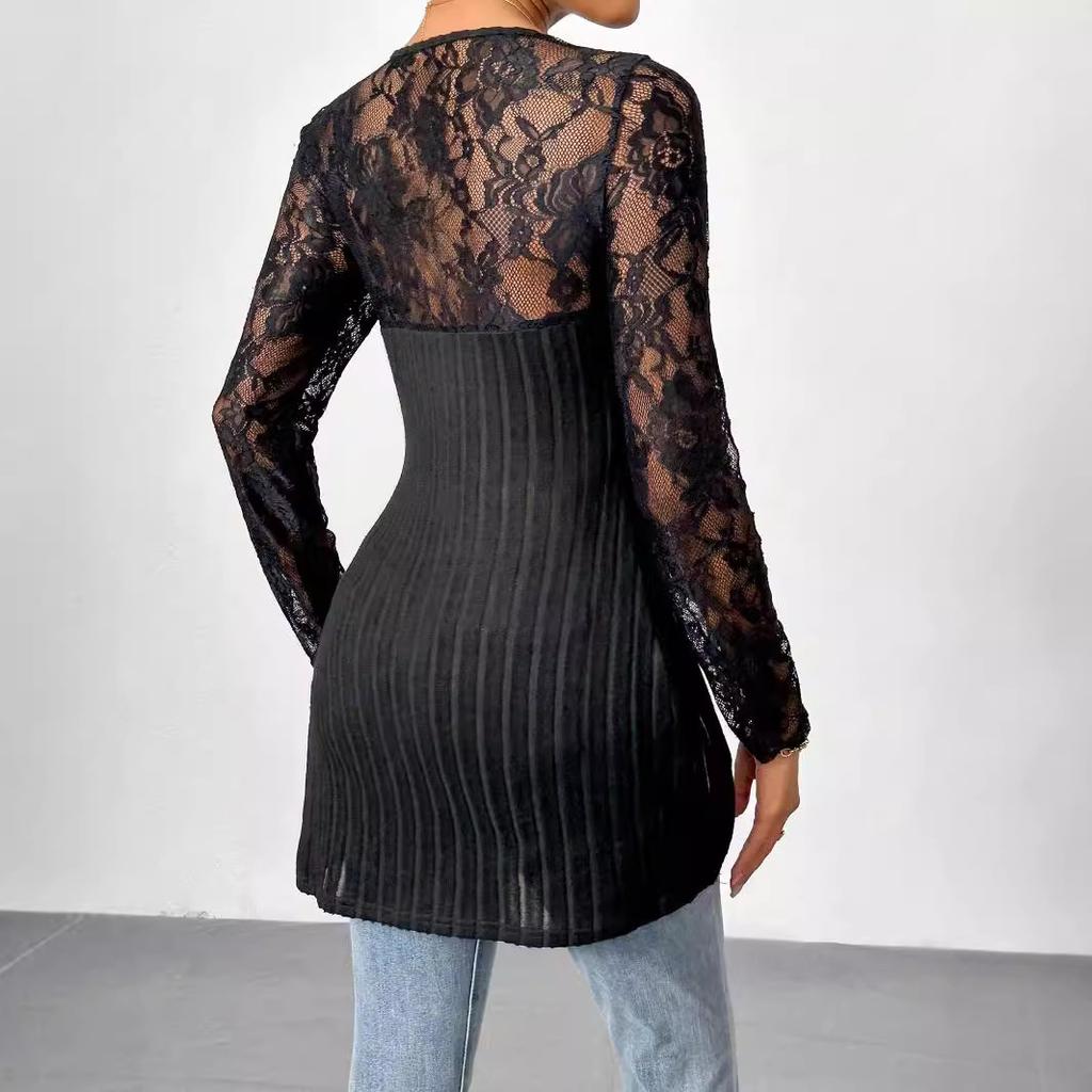 Damen Simple Fashion Lace Splicing Langarm Unregelmäßiger Saum Schlankes T-Shirt