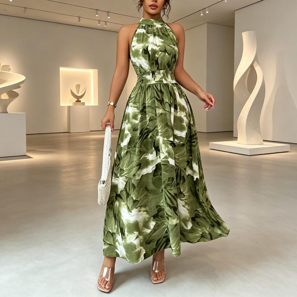 European and American women's 2026 summer halter waist-cinching sleeveless ruffle dress
