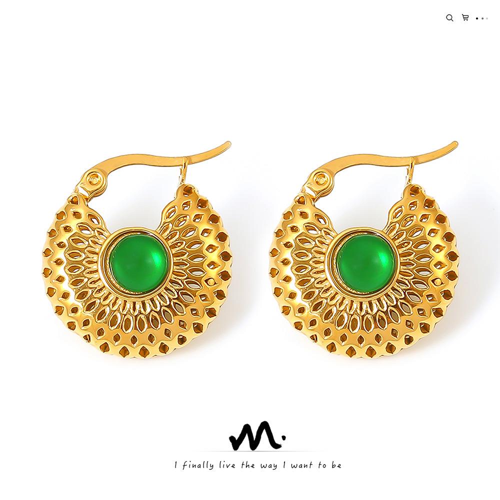 

Retro French Green Glass and 18k Gold-Plated Earrings - Niche Titanium Steel Design