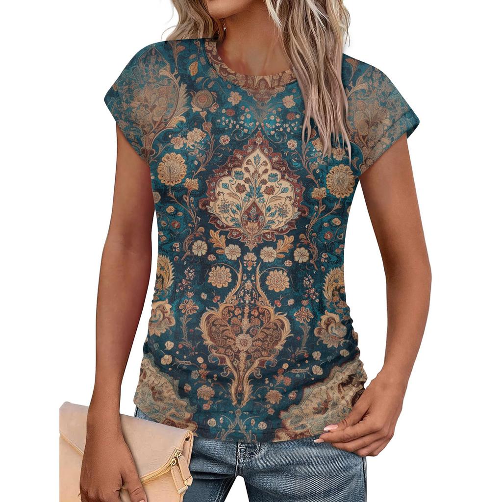 Women Summer Tops Trendy Crew Neck Short Sleeve T-shirts Shirts Fashion Women's Vintage Printed T-Shirt Outdoor Clothes Pullover