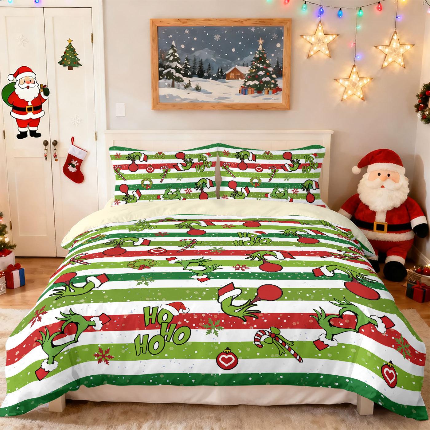 Bed Three-Piece Christmas Green Hair Quilt Cover Pillowcase Digital Printing Bedding Kit 135x200