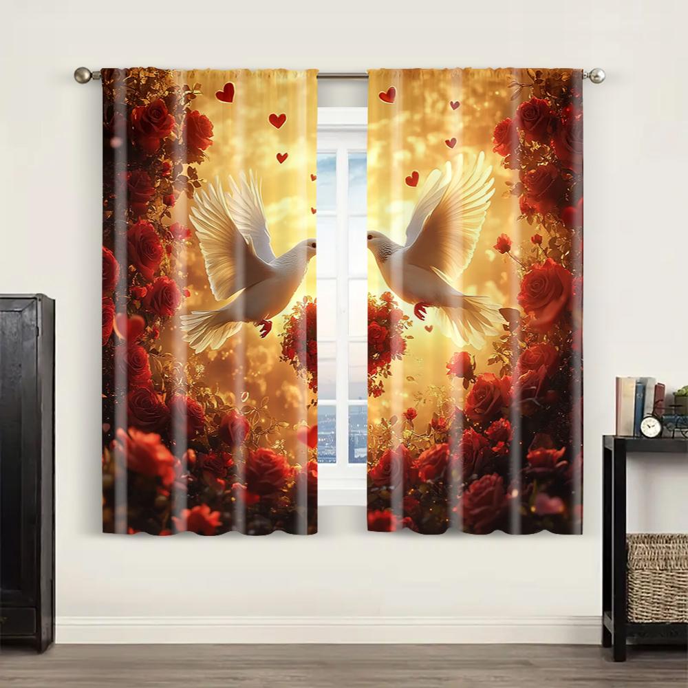 2pc,  Romantic Valentine's Day Window Curtains Romantic White Dove and Red Rose Valentine's Day Heart shaped Sunrise Scene
