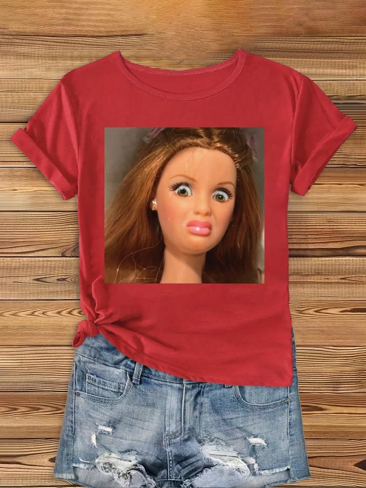 Mothers Day Doll Face Pattern Beautiful Fashion Elegant Party Cute Sports Gift Soft Home Casual Round Neck Short Sleeved T-shirt