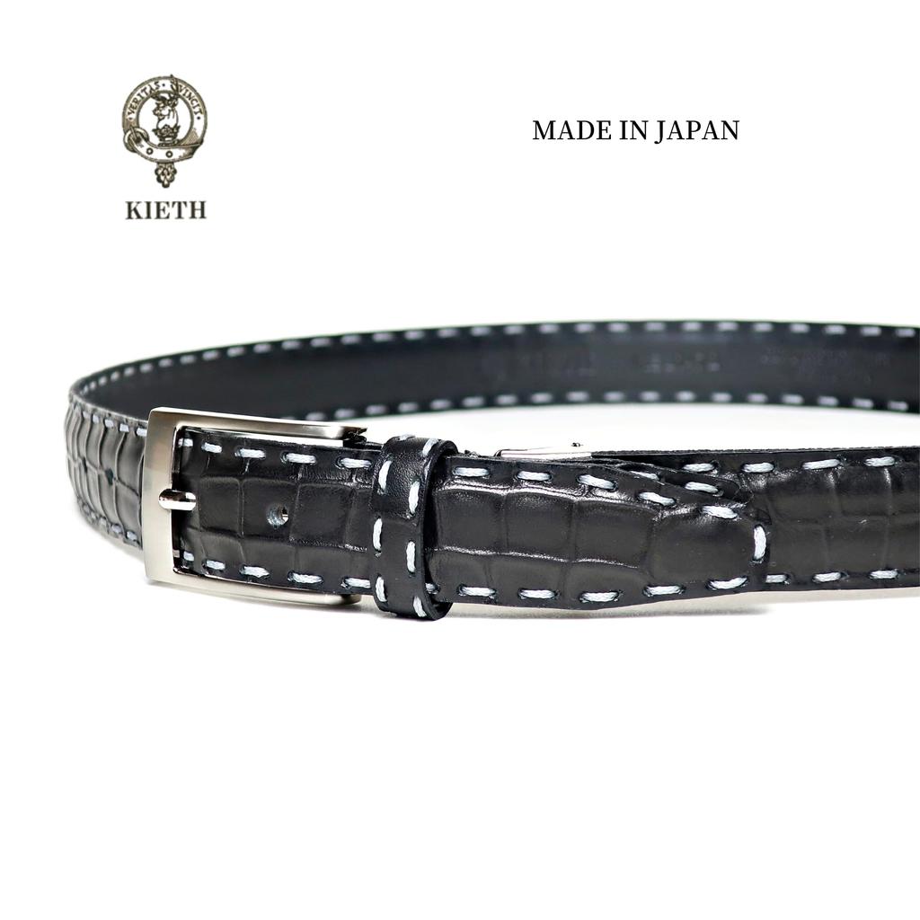 [KIETH] Crocodile Embossed Belt for Men, Genuine Leather, Kip Leather, Black, Made In Japan, Matte Finish, Adjustable Size, KE21472-19