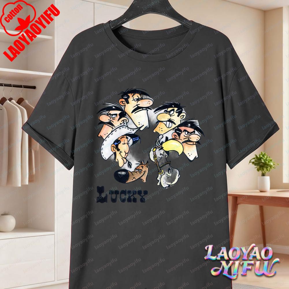 Lucky Luke Vollbesetzung Druck Lässige Oberteile Verspieltes West-Cartoon Baumwoll-T-Shirt Lustiges Vintage Klassisches Anime-Shirt Trend Unisex Kleidung