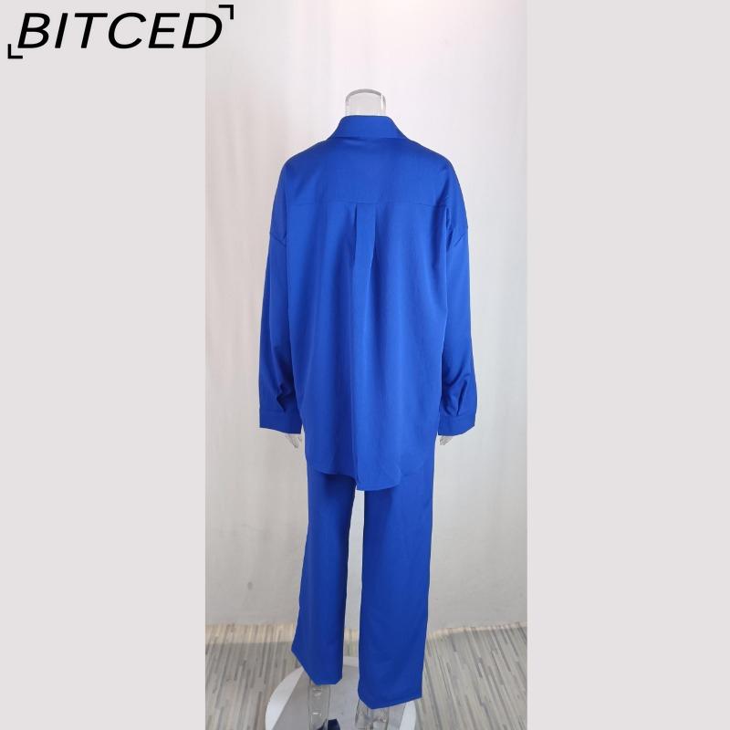 BITCED Herbst und Winter Locker Stretch Knitterhemd Langarm Weitbeinige Hose Freizeitanzug Damen Zweiteiler