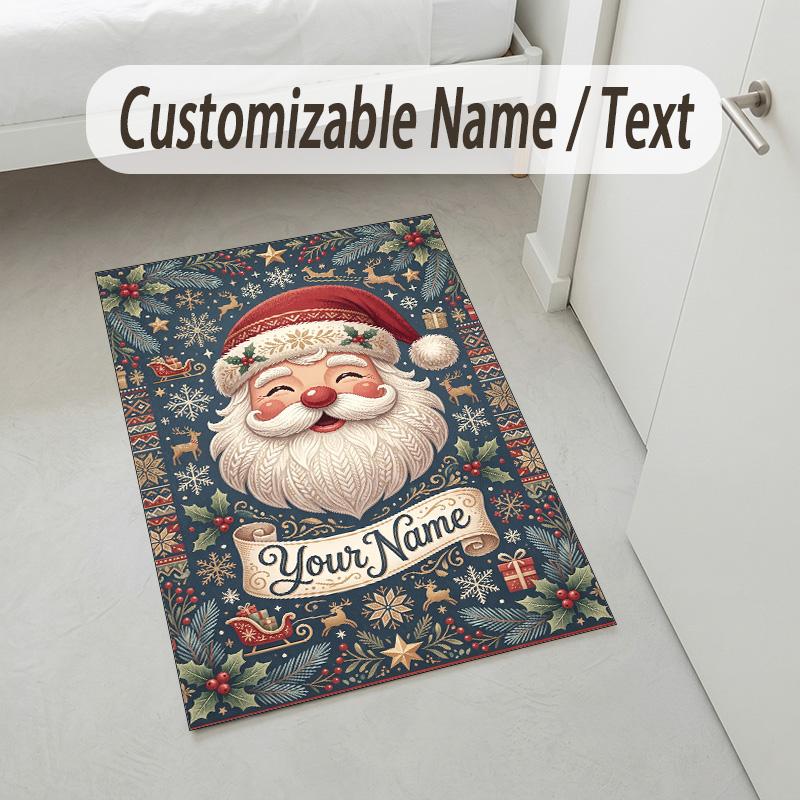 Christmas Theme Crystal Velvet Rug Personalized Custom Name Text Soft Floor Mat Home Decor
