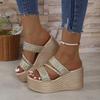 Fashion Aphixta Summer 9cm High Heels Wedge Heels Slippers Weave Women Platform Sandals Clog Shoes Slides Gold Shoes Size 43