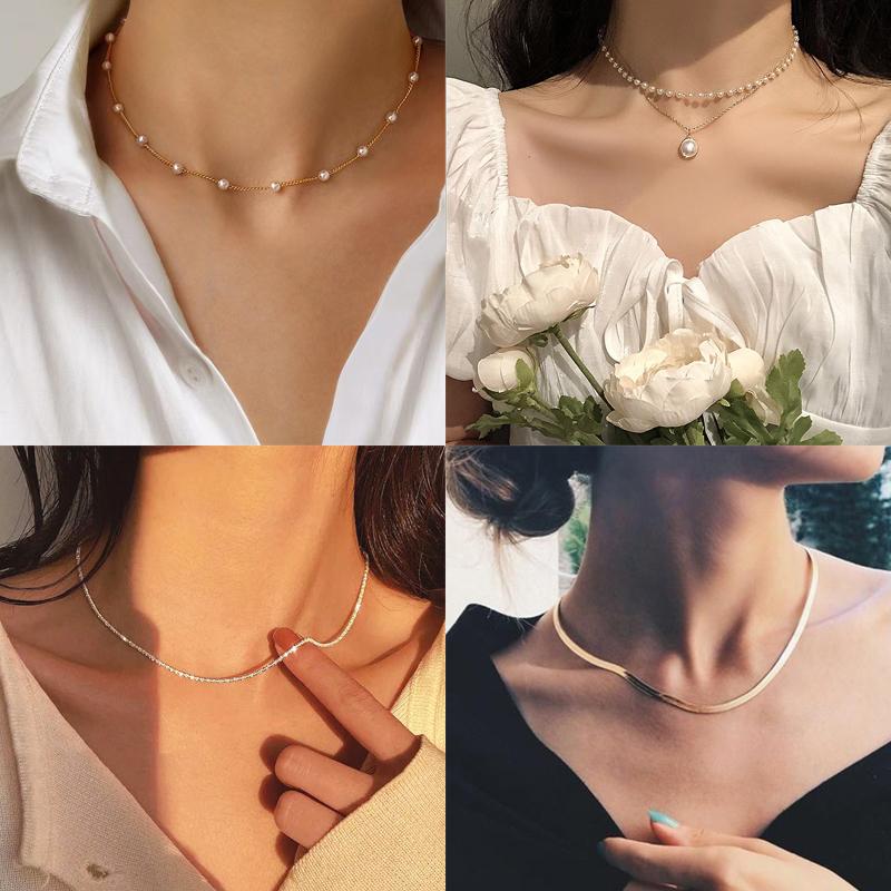 Simple Women Popular Neck Chain Pearl Snake Chain Choker Necklace Beads Chocker Zircon Collar Daily Wear Necklace Accessories
