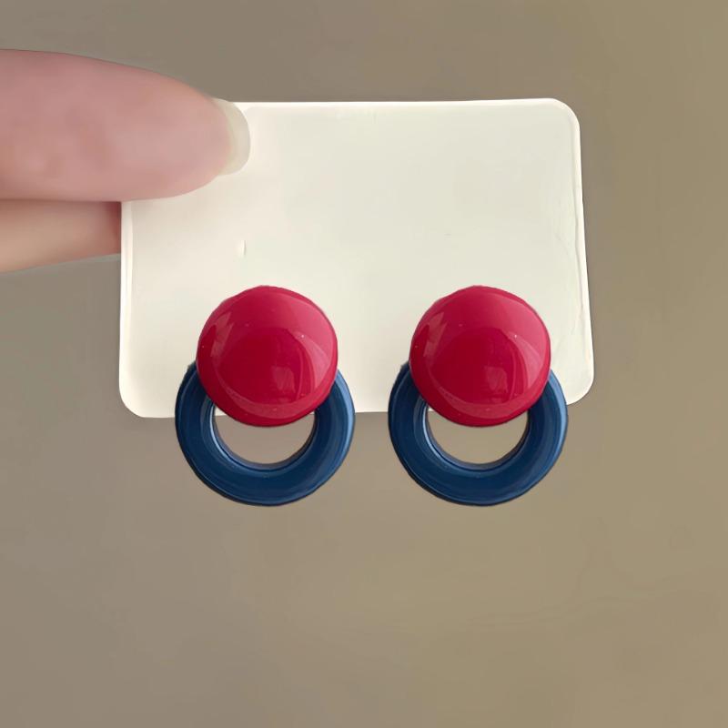 Red Blue Color Clash Geometric Resin Circle Stud Earrings For Women
