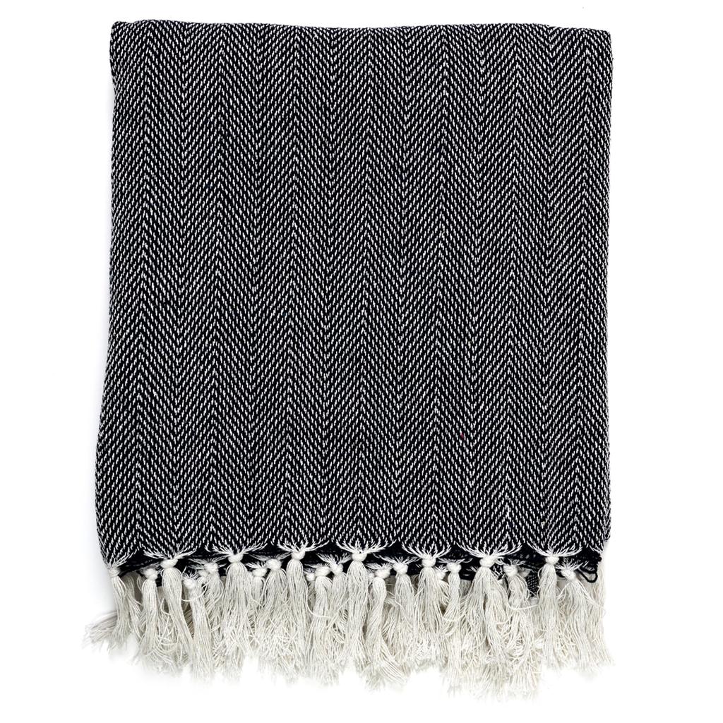 Les Trésors De Lily [A3528] – Marineblauer „Boho“-Jacquard-Überwurf aus Baumwolle – 120 x 150 cm