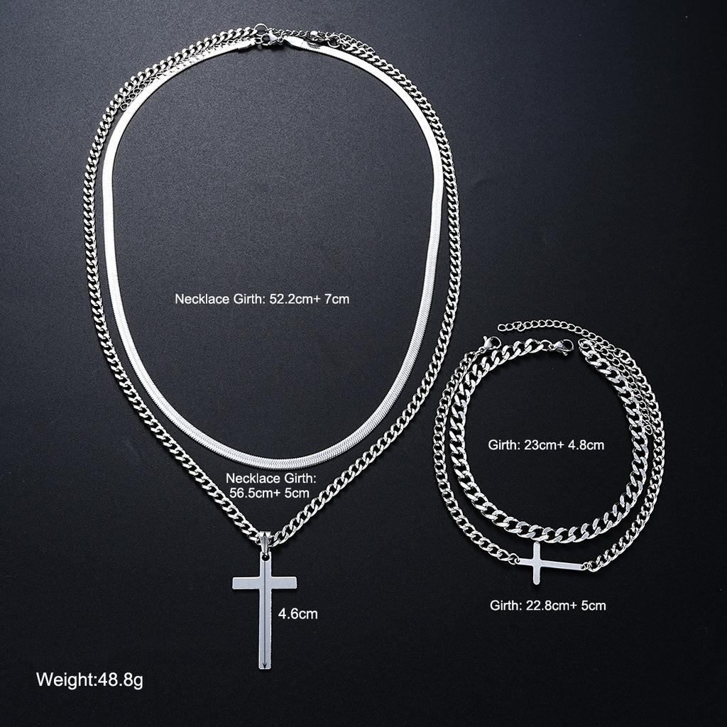 4Pcs Punk Stainless Steel Cross Pendant Necklace Bracelet Sets Simple Silver Color Jewelry Set for Men Unisex Hip Hop Jewelry
