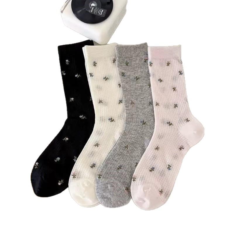 Women's Summer Thin Floral Ballet Style Mesh Breathable Boneless Mid Tube Stack Socks