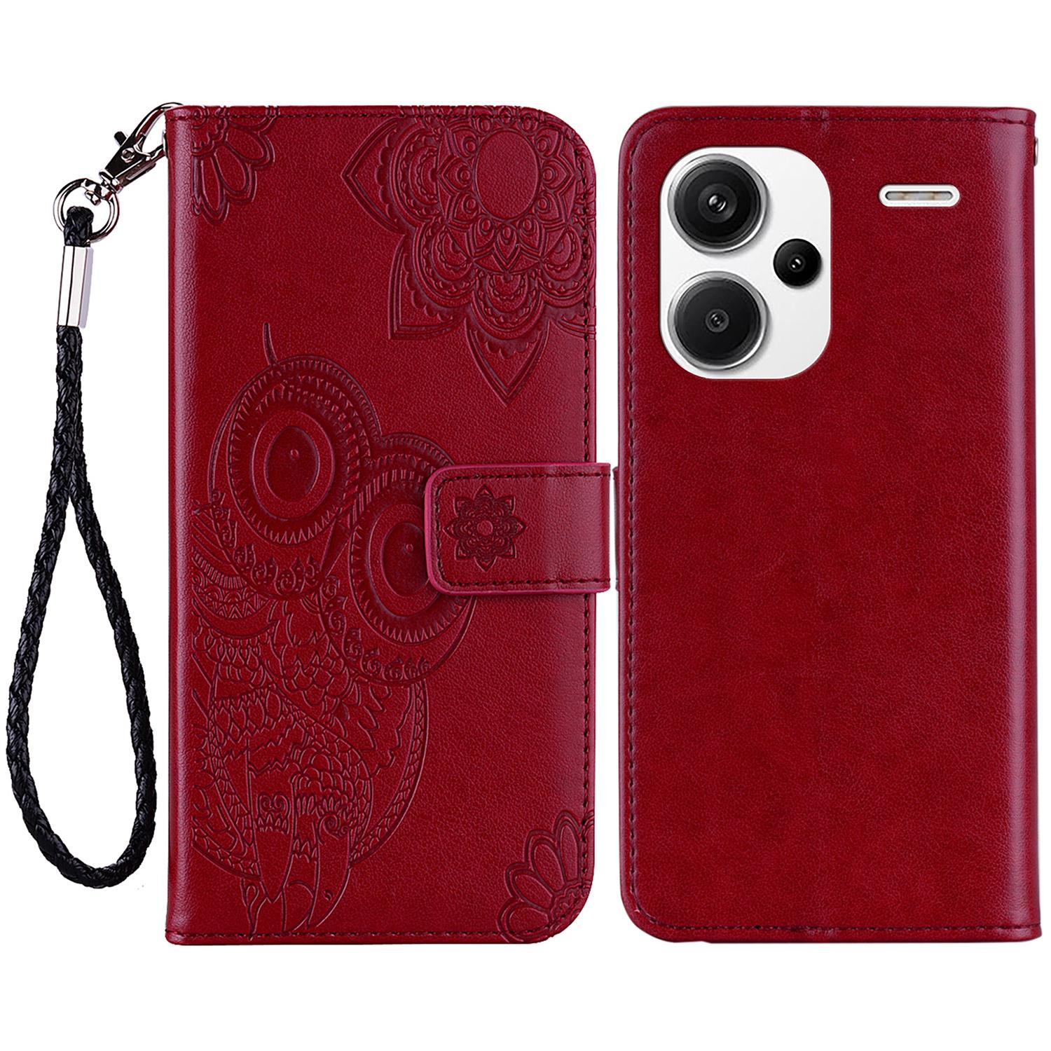 

For Xiaomi Redmi Note 13 Pro+ 5G Leather Case Owl Imprinted Wallet Phone Cover Stand Red