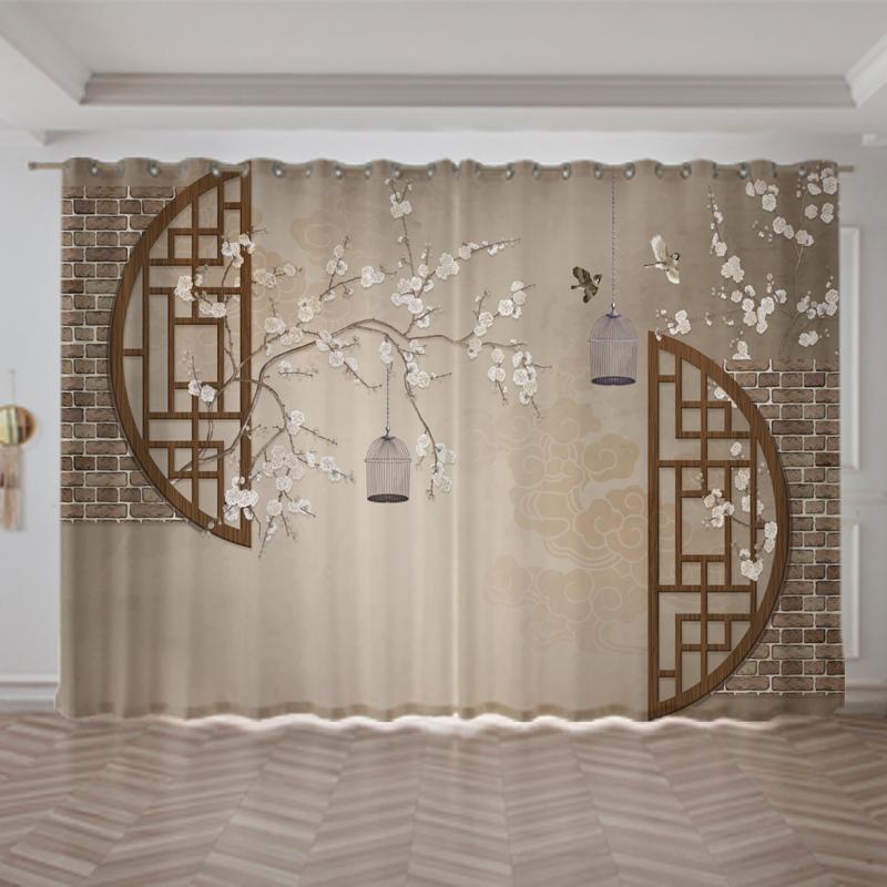 2pcs Chinese Mountain Lnk Painting Print Curtain Grommet Top Polyester Material For Living Room Bedroom Kitchen Free Shipping