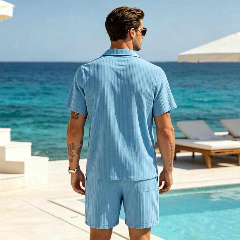 Set da Spiaggia Estivi da Uomo Tuta Casual da Strada Set Due Pezzi per Sport all'Aperto Camicia a Bottoni Liscia Pantaloncini con Coulisse Abbigliamento Sportivo