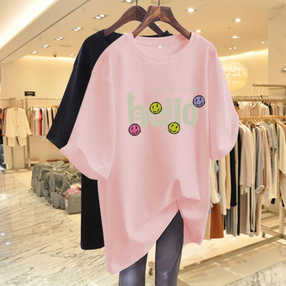 

Summer Chic Letter Print Basic T-shirts Women Casual Loose O-neck Short Sleeve Top Tee Oversized Smiling Face Pullovers 6XL