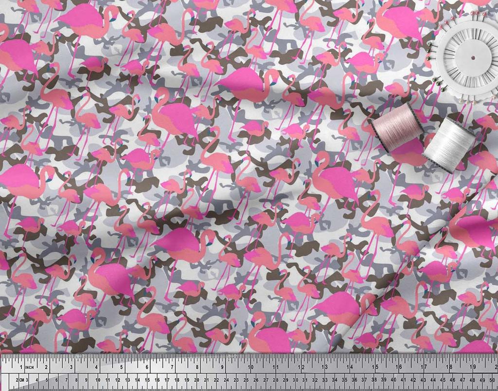 Soimoi Japan Crepe Satin Fabric Camouflage Texture & Flamingo Bird Printed Craft Fabric by the Metre 42 Inch