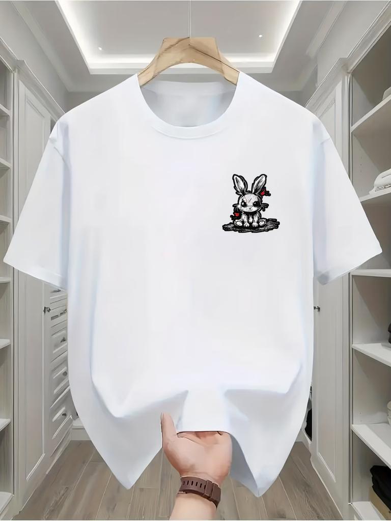 Unisex T-shirt Men's Rabbit Print Short Sleeve T-Shirt - Summer Casual Crewneck Top with Rabbit Design, Machine Was