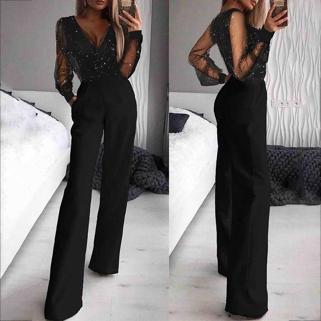 Women's European and American Mesh Splicing Jumpsuit