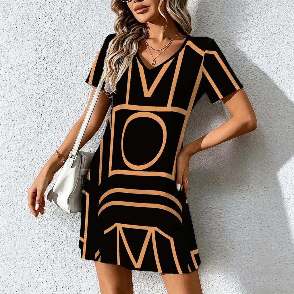 Mode d'été pour femmes Robe à col en V à manches courtes avec imprimé géométrique rétro Jupe courte sexy Robes
