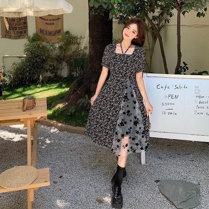 Women's Plus Size Floral Midi Dress, French Retro Style with Mesh Spliced Skirt