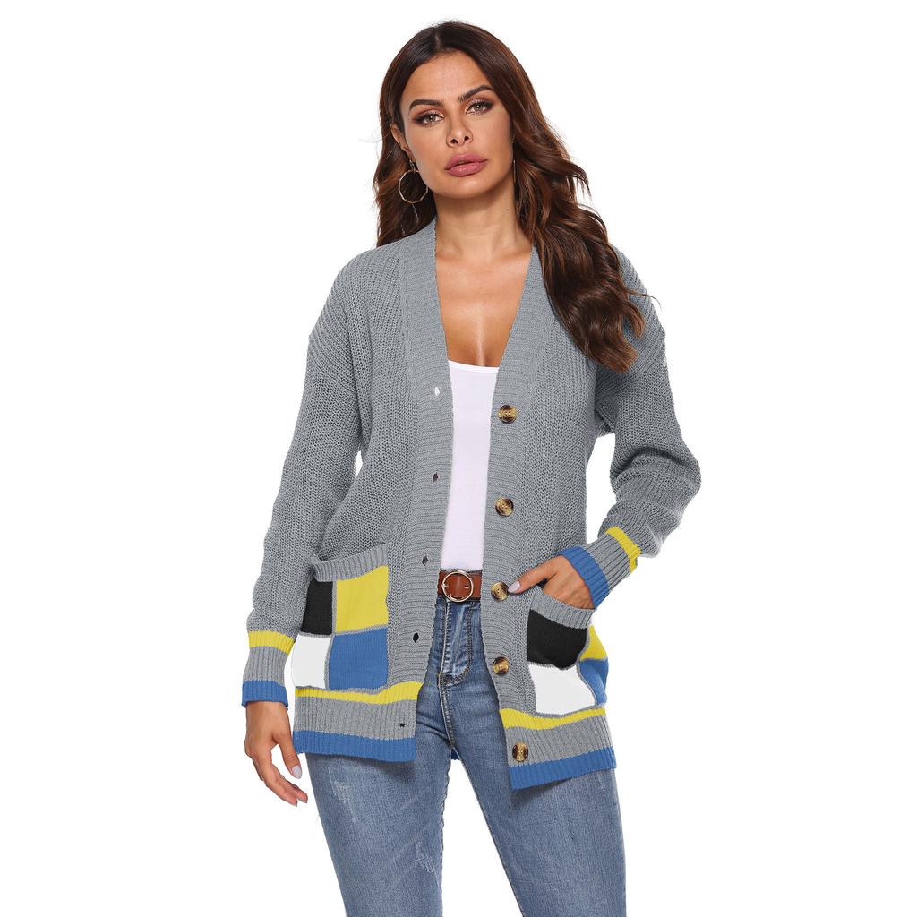 Autumn and Winter Women's Thickened Cardigan Colour Blocking Pockets Single-breasted V-neck Casual Jumper