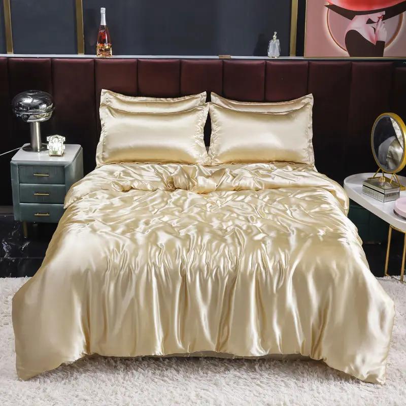 Nordic Satin Silk Bedding Set with Duvet Cover Bed Sheet Pillowcases Luxury Solid Single Double Couple Pillow Case Bedsheet