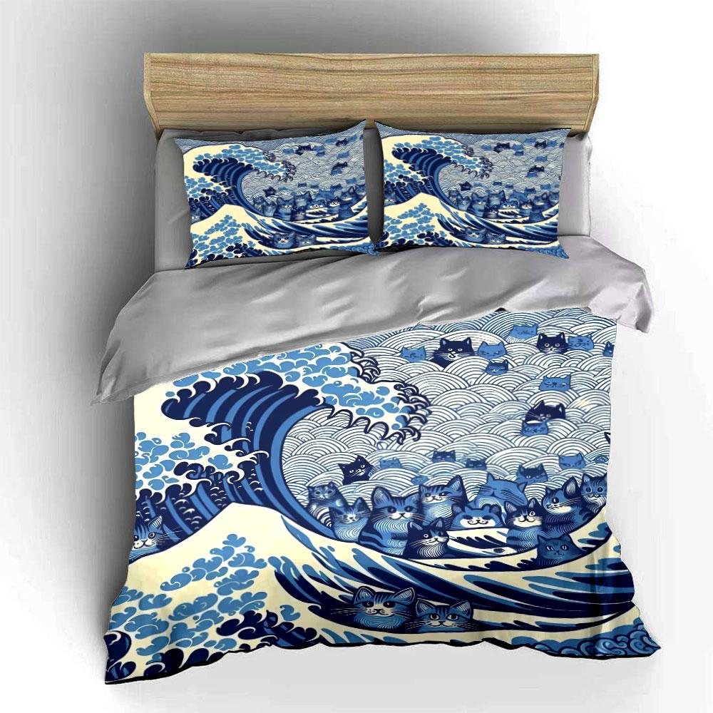 Ocean Wave Cats Art Prints Bedding Set with 1 Duvet Cover 2 Pillowcases Single Double King Queen, Gift
