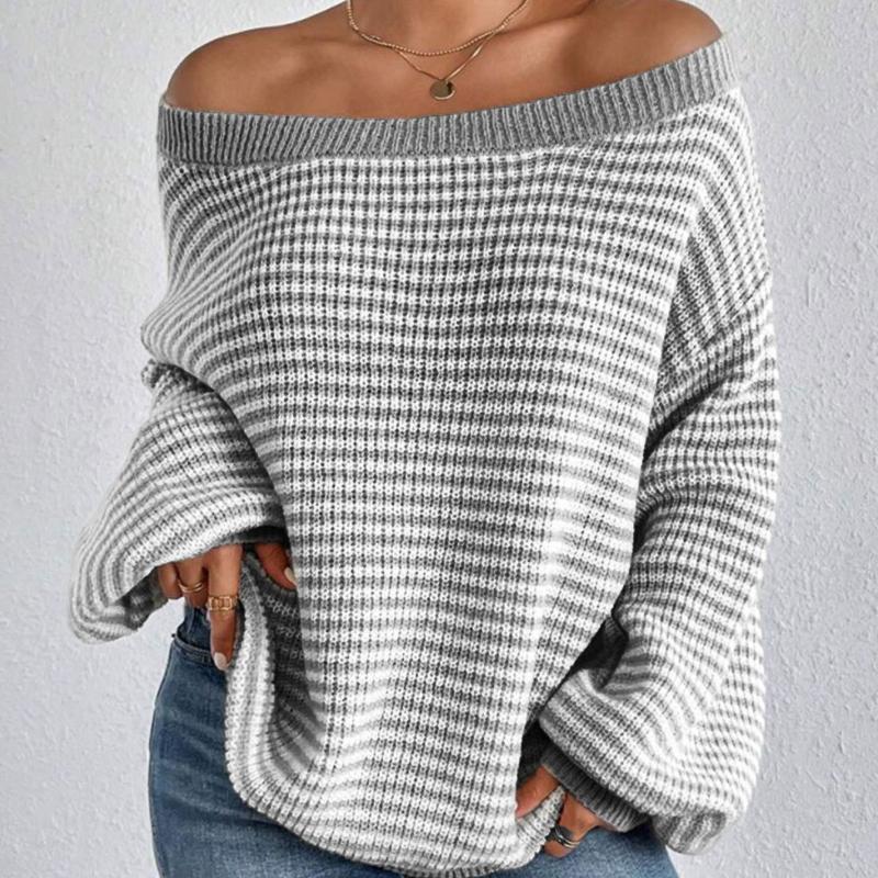 Off The Shoulder Striped Sweater Women Autumn Winter Fashion Loose Soft Neckline Casual Knitted Sweaters