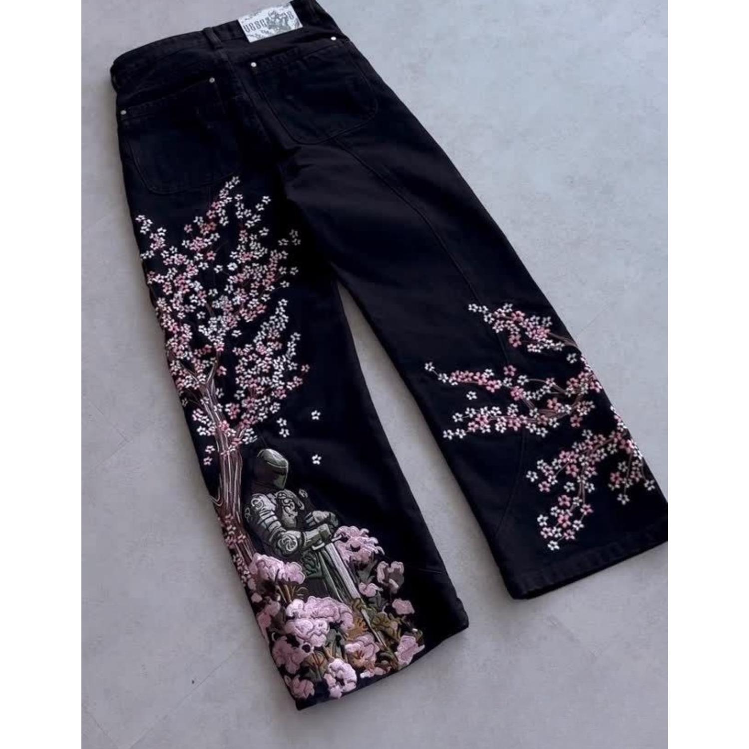 Unisex High Waist Straight Leg Jeans Loose Fit Y2K Embroidered Streetwear Denim Pants S
