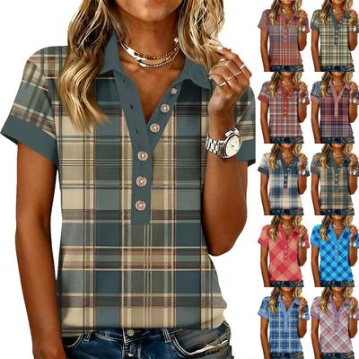 Women's Fashionable and Casual Summer V,neck Patchwork Short,sleeved Plaid Print Top