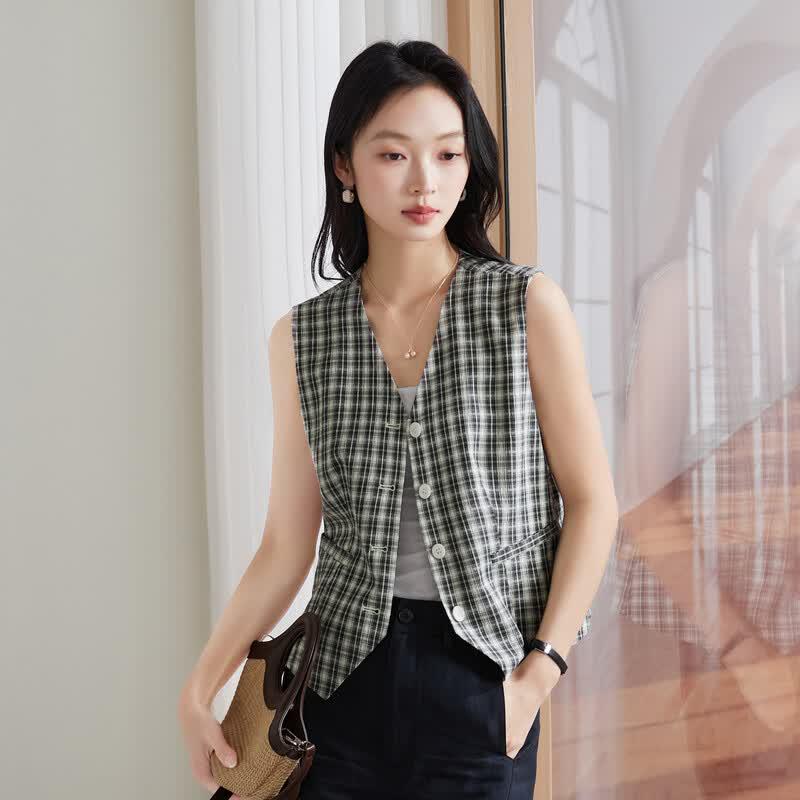 SOFSIL Women s V-Neck Plaid Sleeveless Vest XL